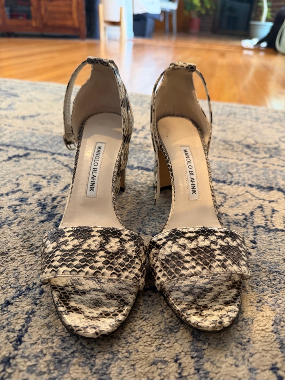 Manolo Blahnik Black & White Snakeskin Block Heel Ankle Strap Sandals Size 38